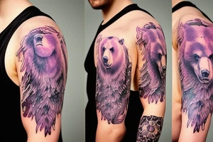 design a full sleeve with a bear king. Include colors pink and purple. Include details of Capricorn astrology. tattoo idea