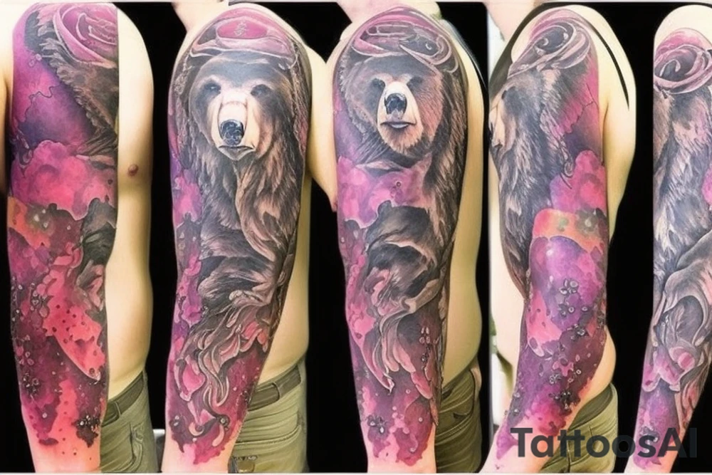 design a full sleeve with a bear king. Include colors pink and purple. Include details of Capricorn astrology. tattoo idea