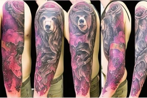 design a full sleeve with a bear king. Include colors pink and purple. Include details of Capricorn astrology. tattoo idea