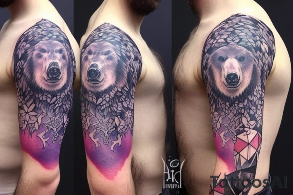 design a full sleeve with a bear king. Include colors pink and purple. Include details of Capricorn zodiac and have a winter theme. tattoo idea