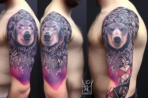 design a full sleeve with a bear king. Include colors pink and purple. Include details of Capricorn zodiac and have a winter theme. tattoo idea