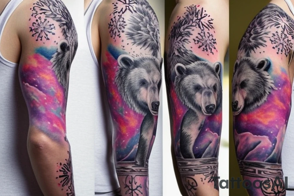 design a full sleeve with a bear king. Include colors pink and purple. Include details of Capricorn zodiac and have a winter theme. tattoo idea