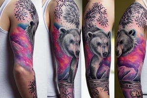 design a full sleeve with a bear king. Include colors pink and purple. Include details of Capricorn zodiac and have a winter theme. tattoo idea