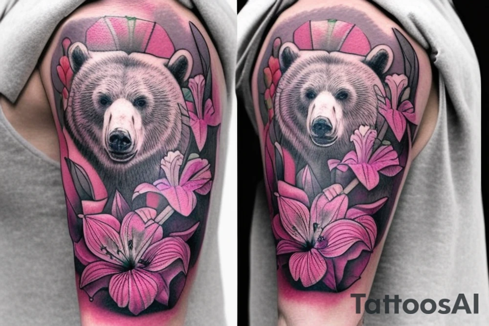design a half sleeve with a bear king. Include colors pink and purple. Include pink lilies. tattoo idea