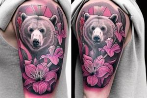 design a half sleeve with a bear king. Include colors pink and purple. Include pink lilies. tattoo idea