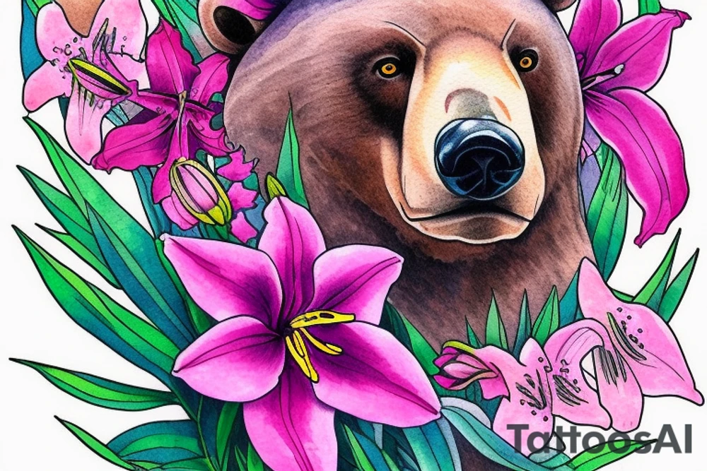 design a half sleeve with a bear king. Include colors pink and purple. Include pink lilies. tattoo idea