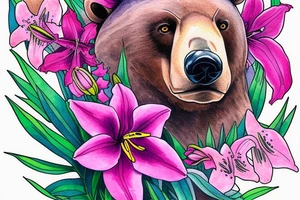 design a half sleeve with a bear king. Include colors pink and purple. Include pink lilies. tattoo idea