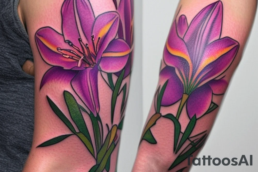 design a half sleeve with a bear king. Include colors pink and purple. Include pink lilies. tattoo idea