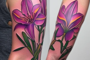 design a half sleeve with a bear king. Include colors pink and purple. Include pink lilies. tattoo idea