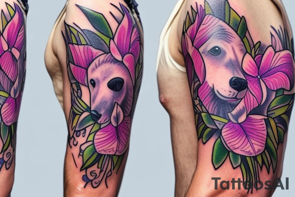 design a half sleeve with a bear king. Include colors pink and purple. Include pink lilies. tattoo idea
