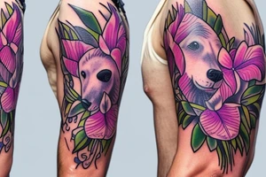 design a half sleeve with a bear king. Include colors pink and purple. Include pink lilies. tattoo idea