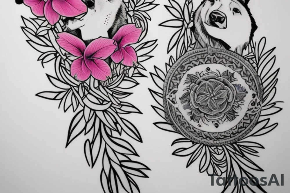 design a half sleeve with a bear king. Include colors pink and purple. Include pink lilies. tattoo idea