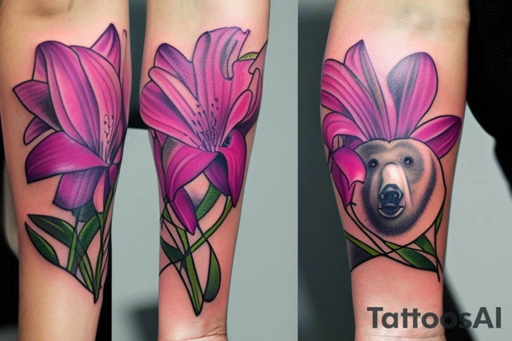 design a half sleeve with a bear king. Include colors pink and purple. Include pink lilies. tattoo idea