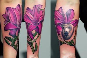 design a half sleeve with a bear king. Include colors pink and purple. Include pink lilies. tattoo idea