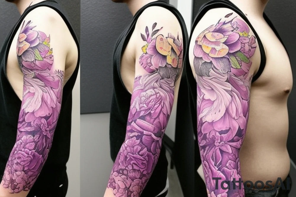 design a full sleeve with a bear king. Include colors pink and purple. Include realistic pink lilies in background tattoo idea
