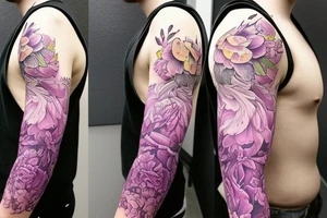 design a full sleeve with a bear king. Include colors pink and purple. Include realistic pink lilies in background tattoo idea