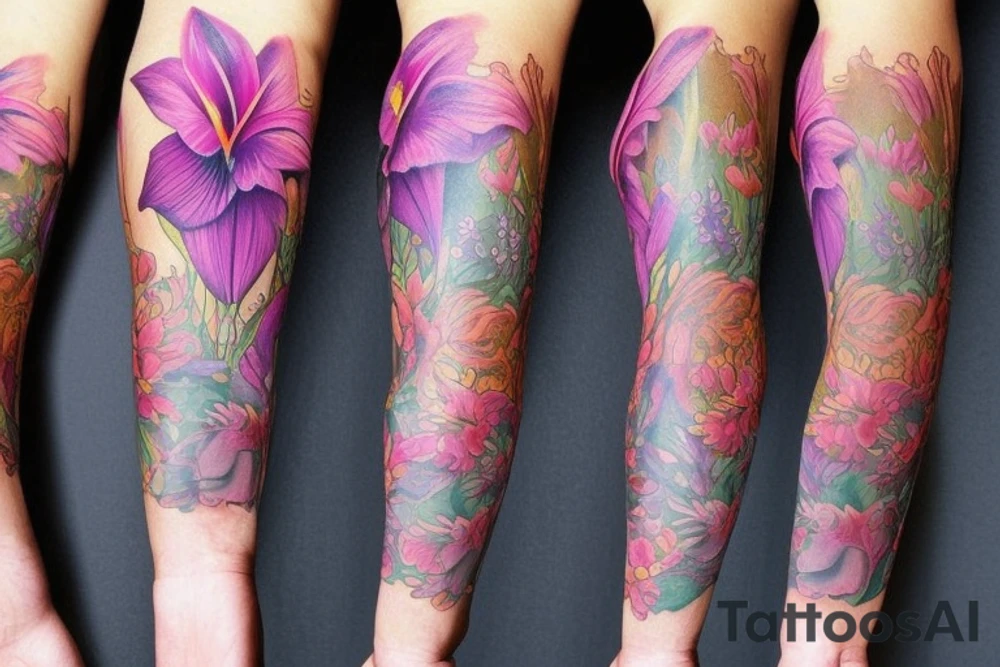 design a full sleeve with a bear king. Include colors pink and purple. Include realistic pink lilies in background tattoo idea