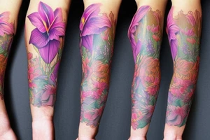 design a full sleeve with a bear king. Include colors pink and purple. Include realistic pink lilies in background tattoo idea