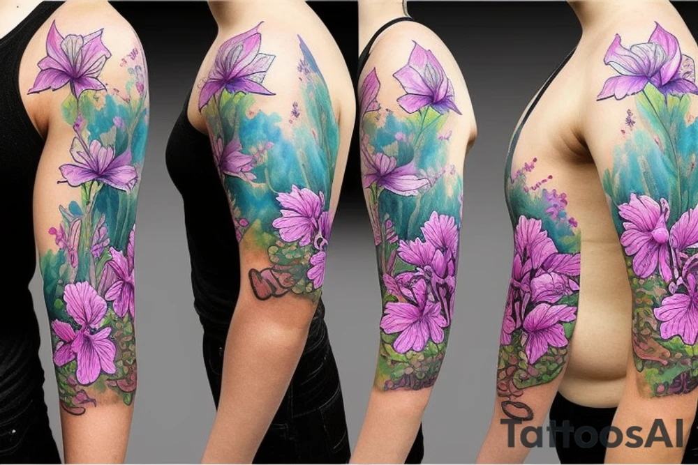 design a full sleeve with a bear king. Include colors pink and purple. Include realistic pink lilies in background tattoo idea