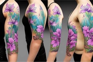 design a full sleeve with a bear king. Include colors pink and purple. Include realistic pink lilies in background tattoo idea