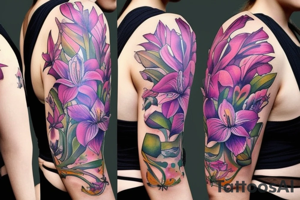 design a full sleeve with a bear king. Include colors pink and purple. Include realistic pink lilies in background tattoo idea