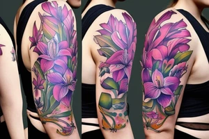 design a full sleeve with a bear king. Include colors pink and purple. Include realistic pink lilies in background tattoo idea