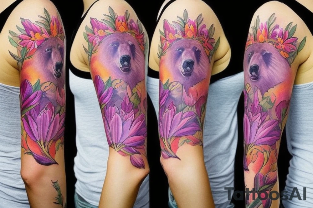 design a full sleeve with a bear king as main feature. Include colors pink and purple. Include realistic pink lilies in background tattoo idea