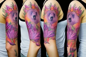 design a full sleeve with a bear king as main feature. Include colors pink and purple. Include realistic pink lilies in background tattoo idea