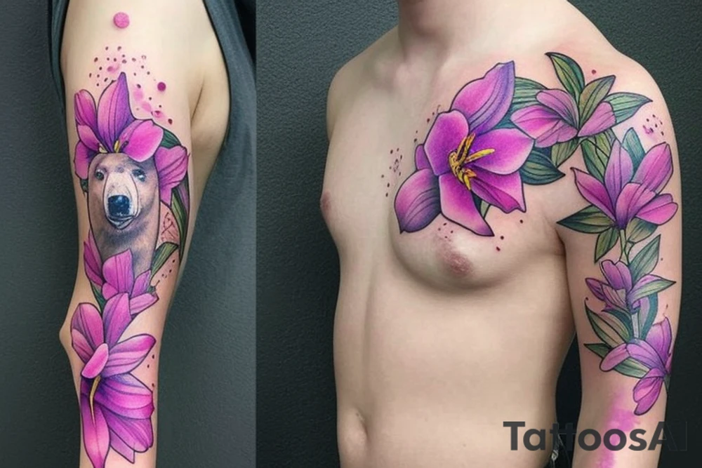 design a full sleeve with a bear king as main feature. Include colors pink and purple. Include realistic pink lilies in background tattoo idea