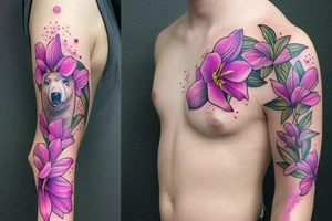 design a full sleeve with a bear king as main feature. Include colors pink and purple. Include realistic pink lilies in background tattoo idea