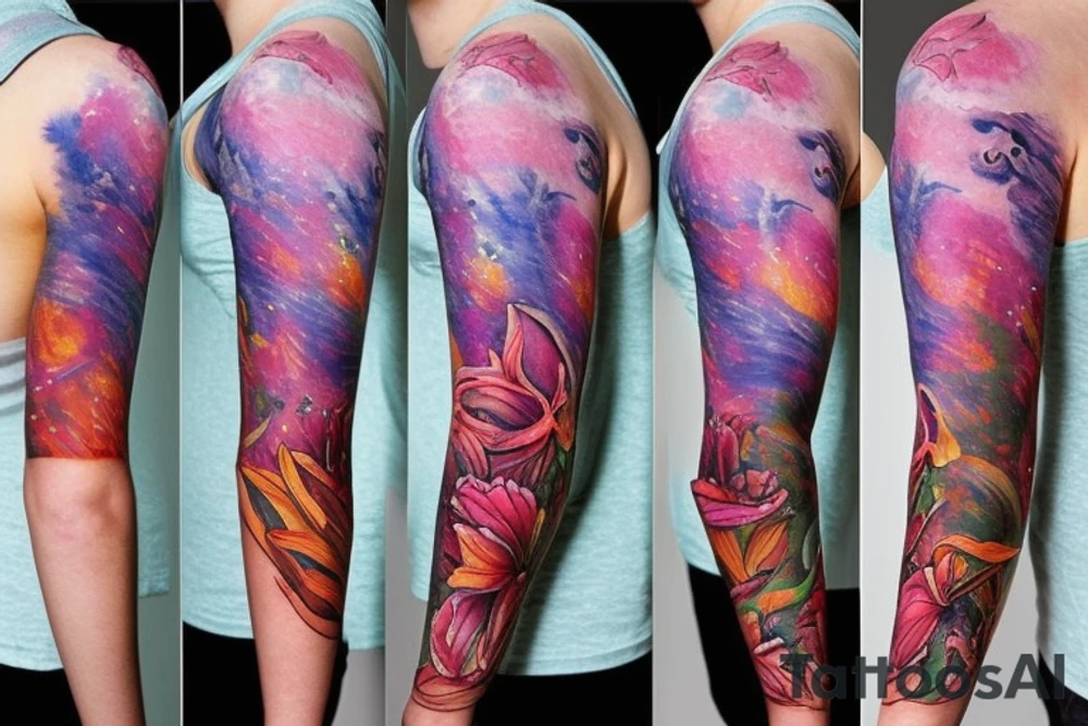 design a full sleeve with a bear king as main feature. Include northern lights. Include realistic pink lilies in background tattoo idea