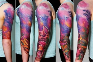 design a full sleeve with a bear king as main feature. Include northern lights. Include realistic pink lilies in background tattoo idea