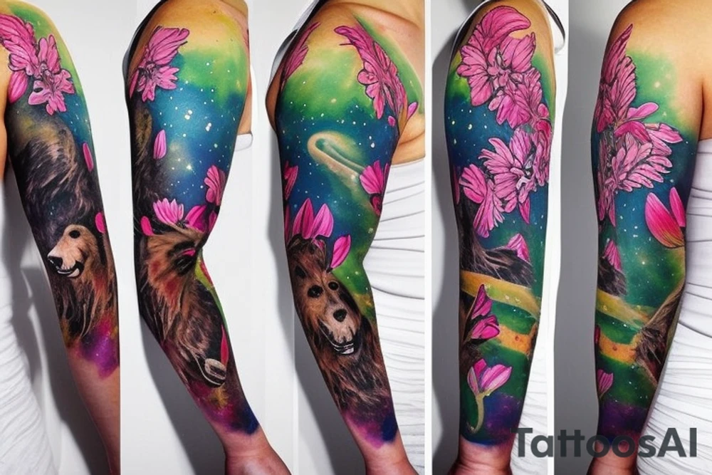 design a full sleeve with a bear king as main feature. Include northern lights. Include realistic pink lilies in background tattoo idea