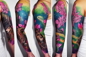 design a full sleeve with a bear king as main feature. Include northern lights. Include realistic pink lilies in background tattoo idea