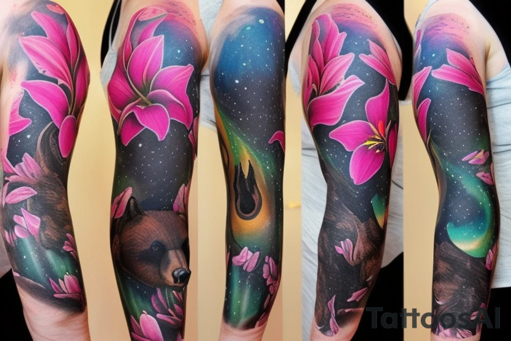 design a full sleeve with a black bear as main feature. Include northern lights. Include realistic pink lilies in background tattoo idea