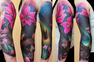 design a full sleeve with a black bear as main feature. Include northern lights. Include realistic pink lilies in background tattoo idea