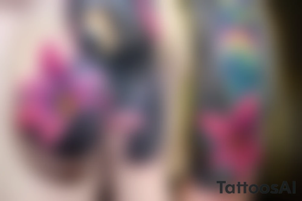 design a full sleeve with a black bear as main feature. Include northern lights. Include realistic pink lilies in background tattoo idea