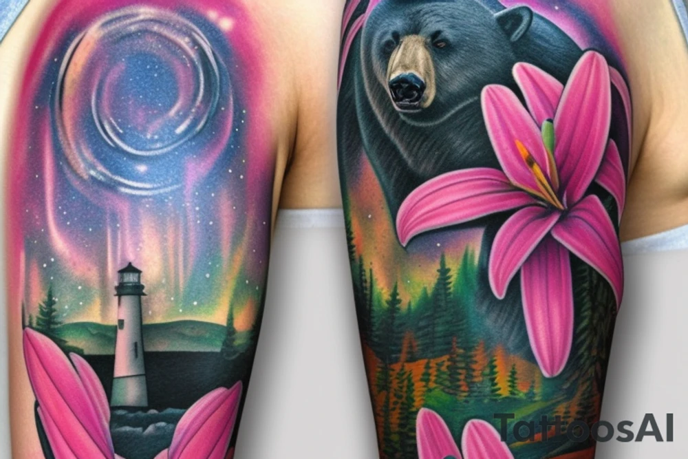 design a full sleeve with a black bear as main feature. Include northern lights. Include realistic pink lilies in background. Include lighthouse on Lake Superior tattoo idea