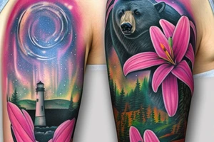 design a full sleeve with a black bear as main feature. Include northern lights. Include realistic pink lilies in background. Include lighthouse on Lake Superior tattoo idea