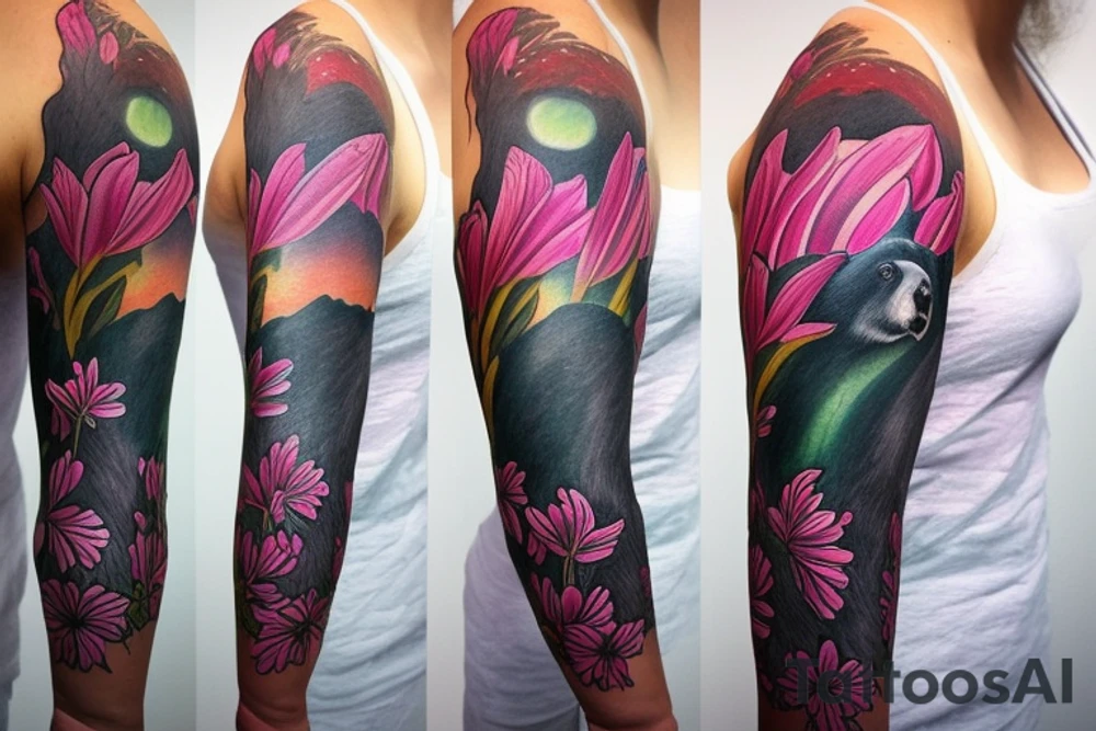 design a full sleeve with a black bear as main feature. Include northern lights. Include realistic pink lilies in background. Include lighthouse on Lake Superior tattoo idea