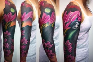 design a full sleeve with a black bear as main feature. Include northern lights. Include realistic pink lilies in background. Include lighthouse on Lake Superior tattoo idea