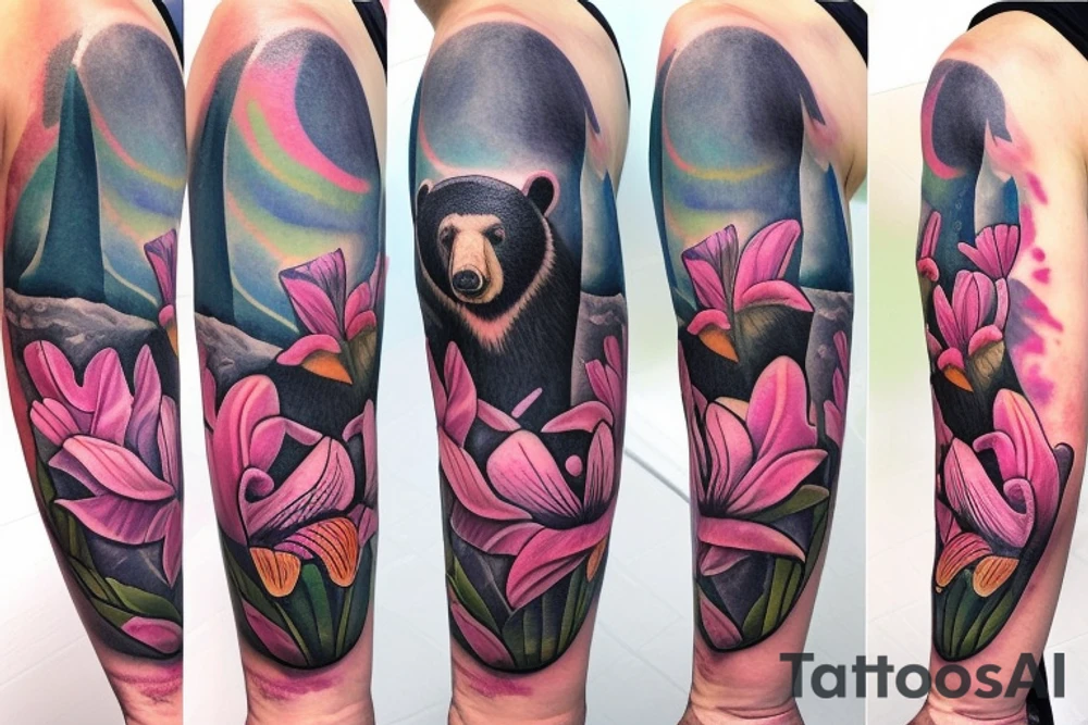 design a full sleeve with a black bear as main feature. northern lights, realistic pink lilies, lighthouse. tattoo idea