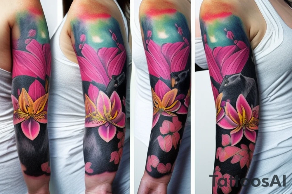 design a full sleeve with a black bear as main feature. northern lights, realistic pink lilies, lighthouse. tattoo idea