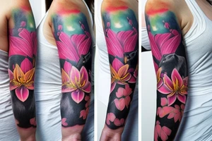 design a full sleeve with a black bear as main feature. northern lights, realistic pink lilies, lighthouse. tattoo idea