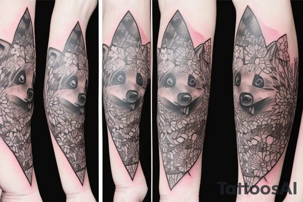 Geometric bear with realistic wild flowers tattoo idea