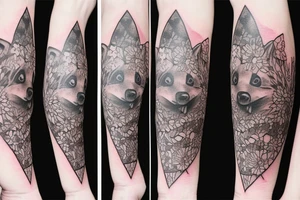 Geometric bear with realistic wild flowers tattoo idea