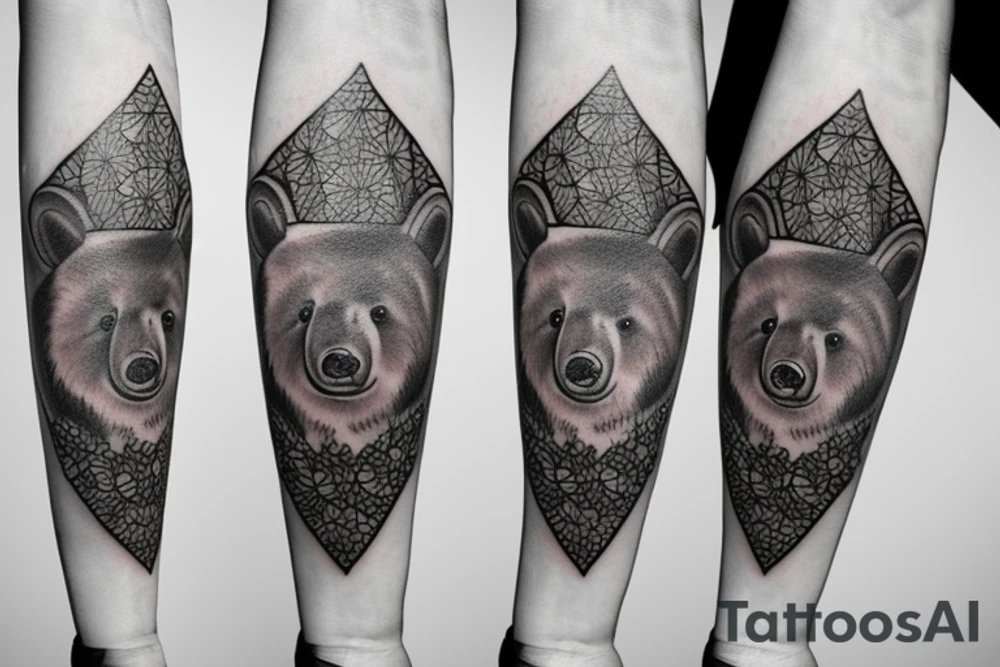 Geometric bear with realistic wild flowers tattoo idea