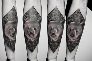 Geometric bear with realistic wild flowers tattoo idea