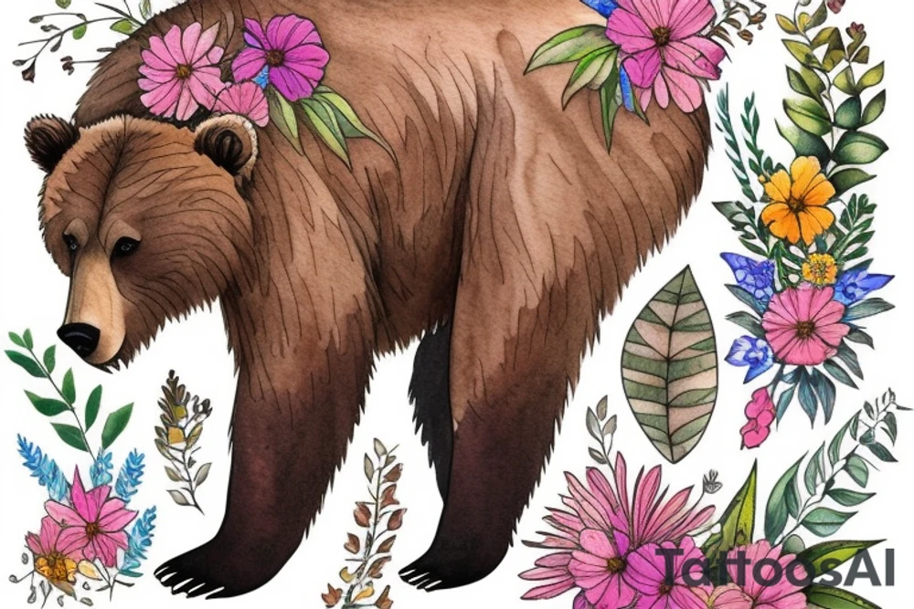 Brown bear with wild flowers tattoo idea