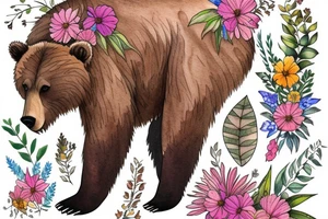 Brown bear with wild flowers tattoo idea